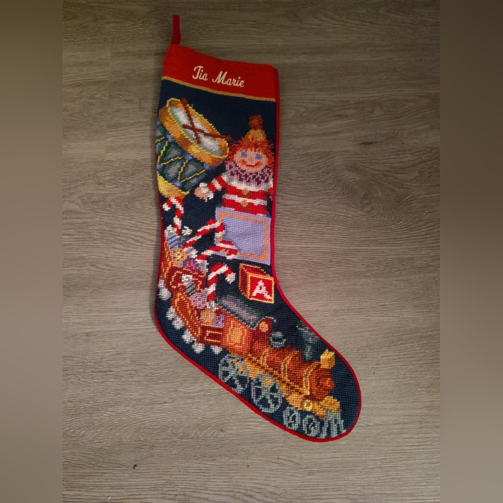 Vintage Needlepoint Christmas Toys Stocking